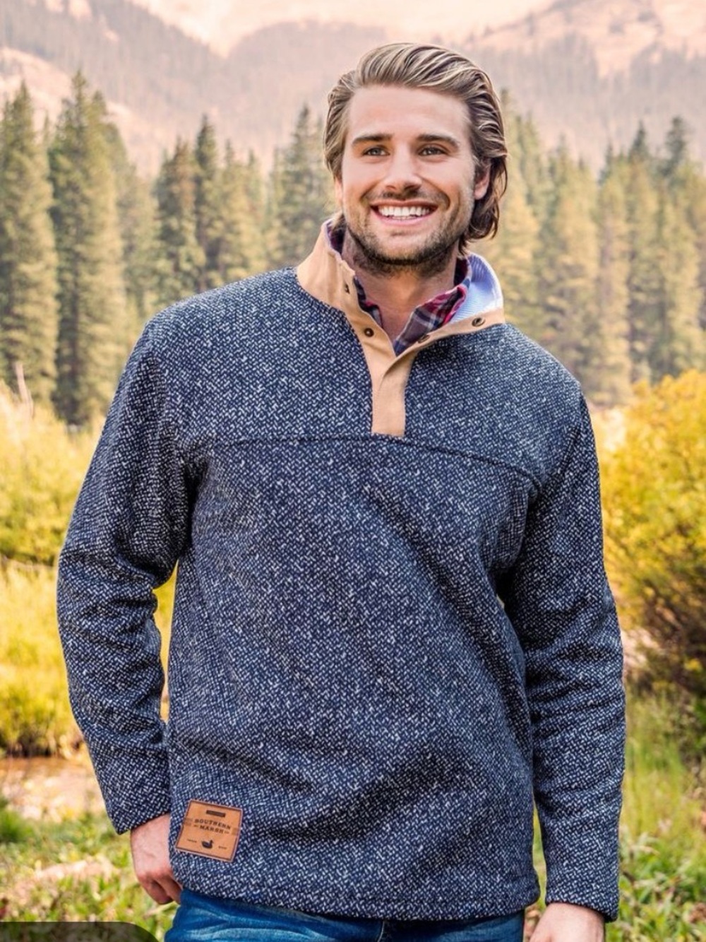 Southern Marsh Cascade Herringbone Pullover Men’s 3/4 Button Up Preppy Collared